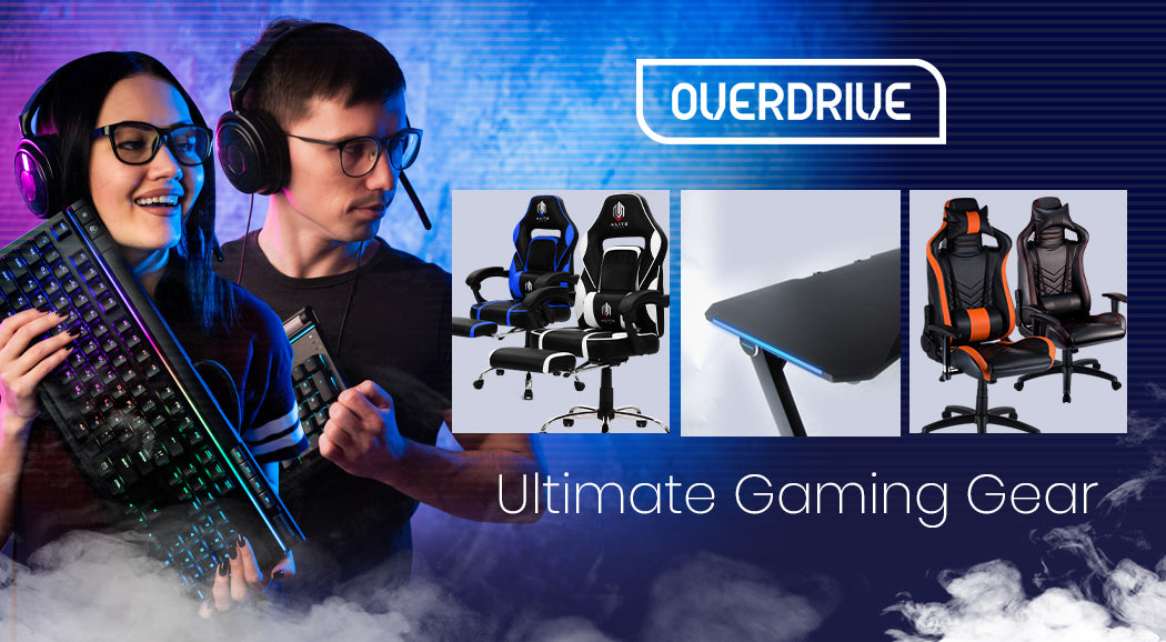 OVERDRIVE Gaming Desk 120cm Computer Black PC Blue LED Lights Carbon Fiber Look